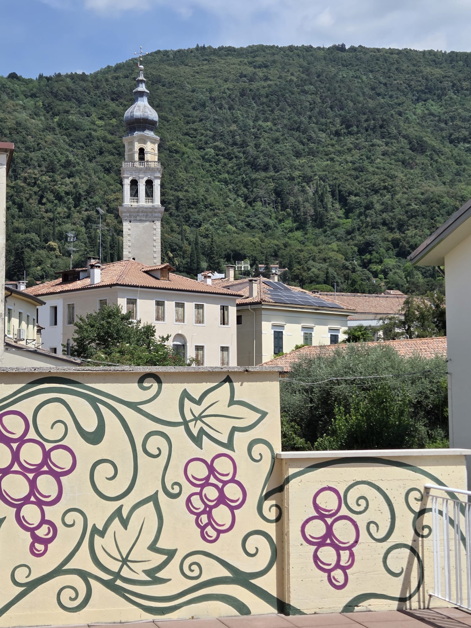 Vista panorama Valdobbiadene da terrazza con murales di vigna